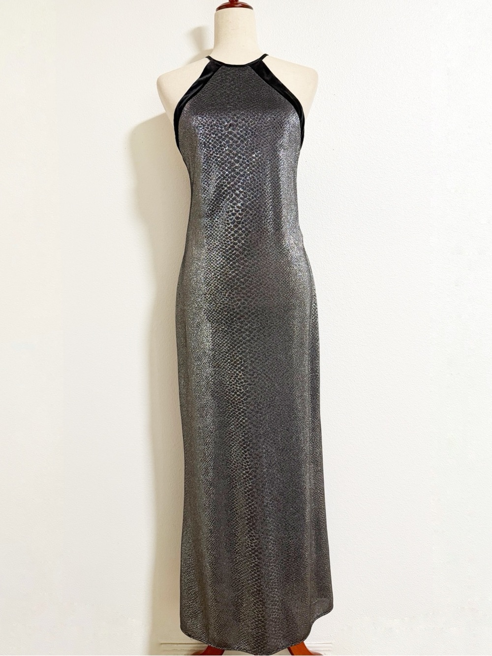 Vintage 90s Dawn Joy Silver Sparkle Velvet Trim Maxi Cocktail Dress Size M 9/10